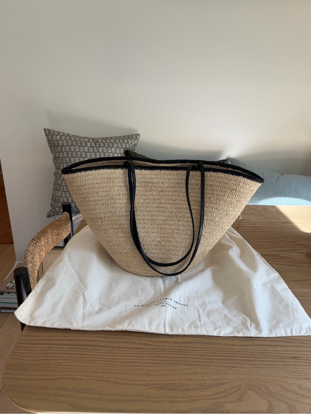 Sézane Maia (large size) Natural Straw Shoulder Bag with Black Trim